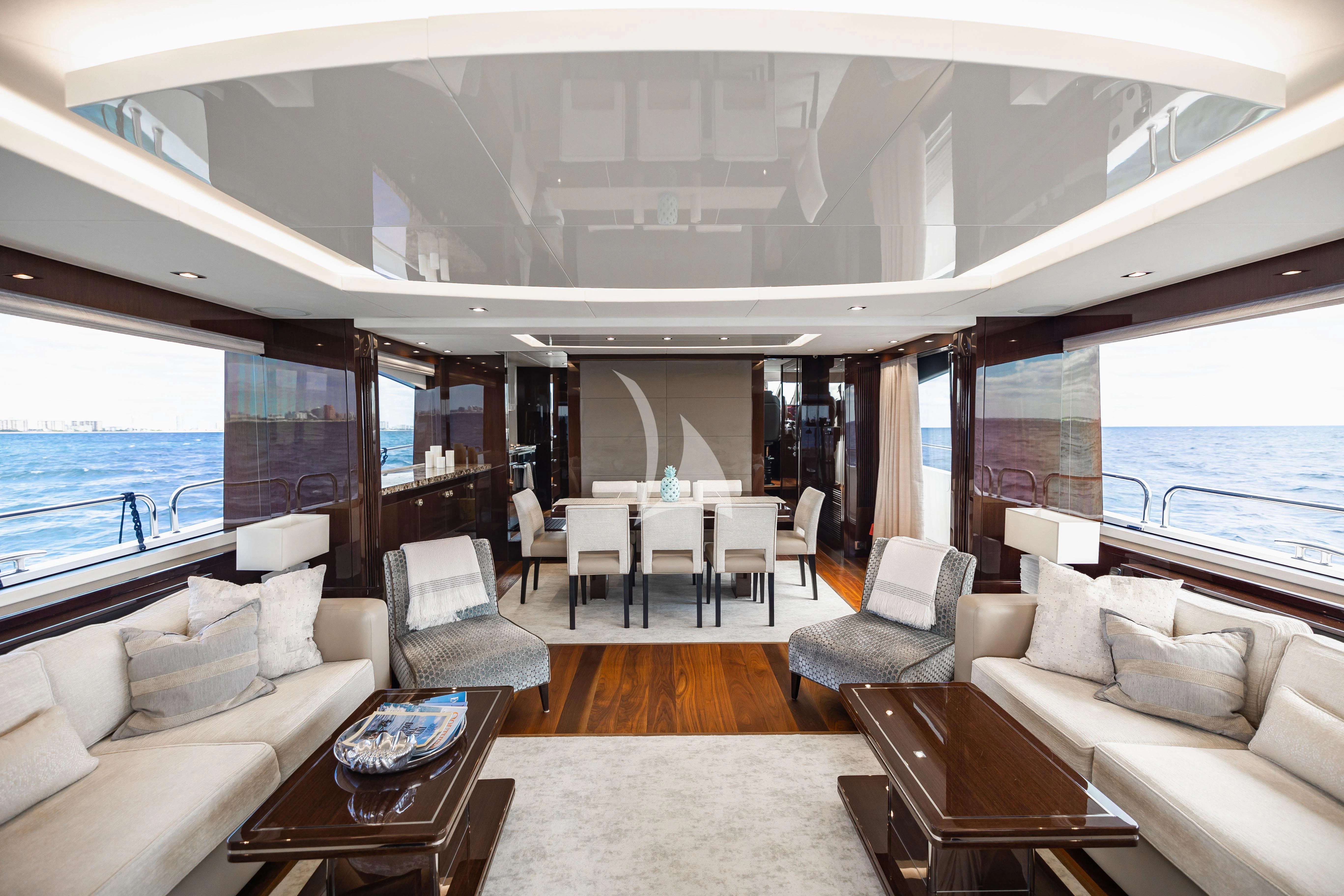 a living room with a large window aboard GOLDEN OURS Yacht for Sale