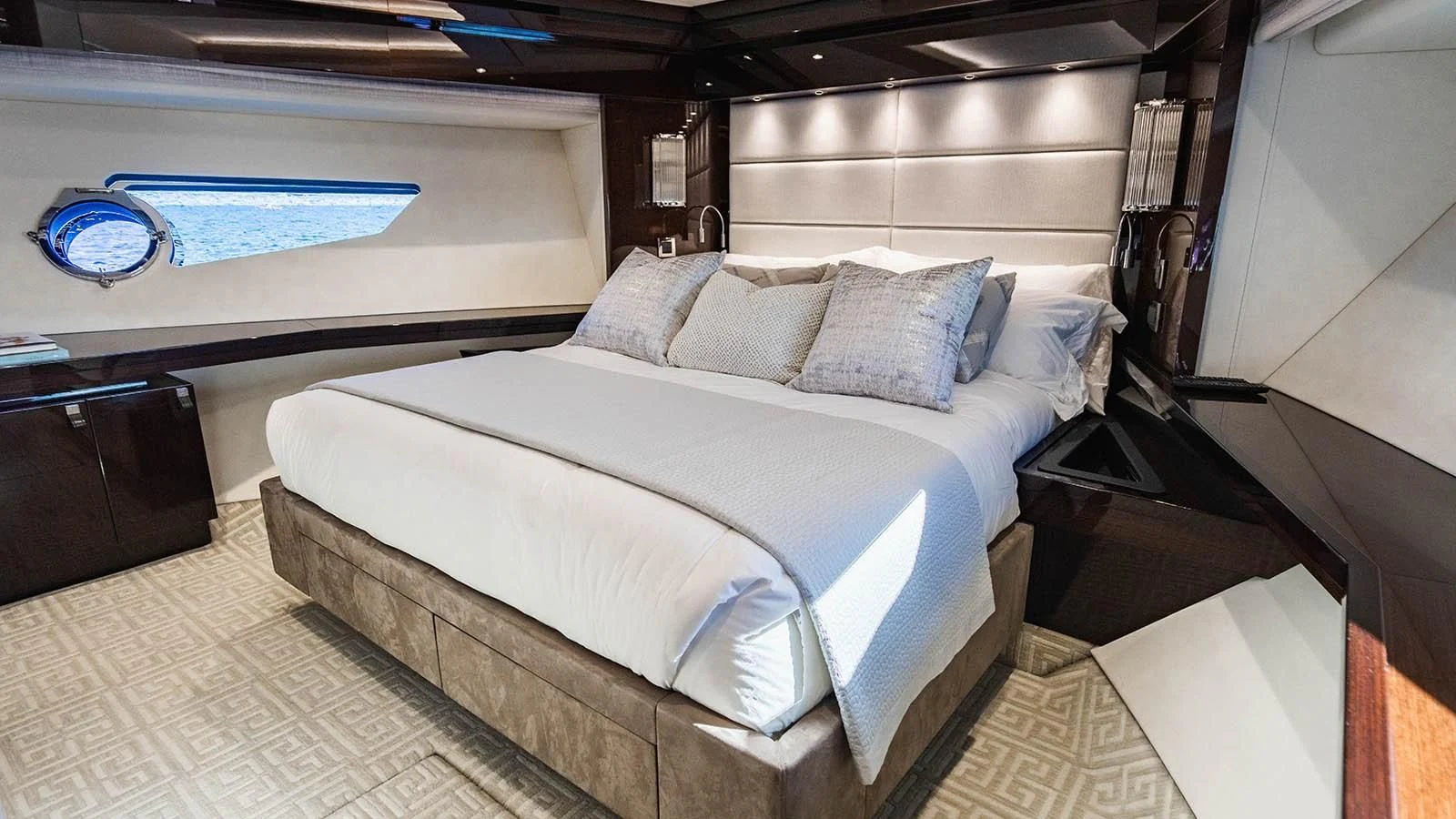 a bed in a room aboard GOLDEN OURS Yacht for Sale