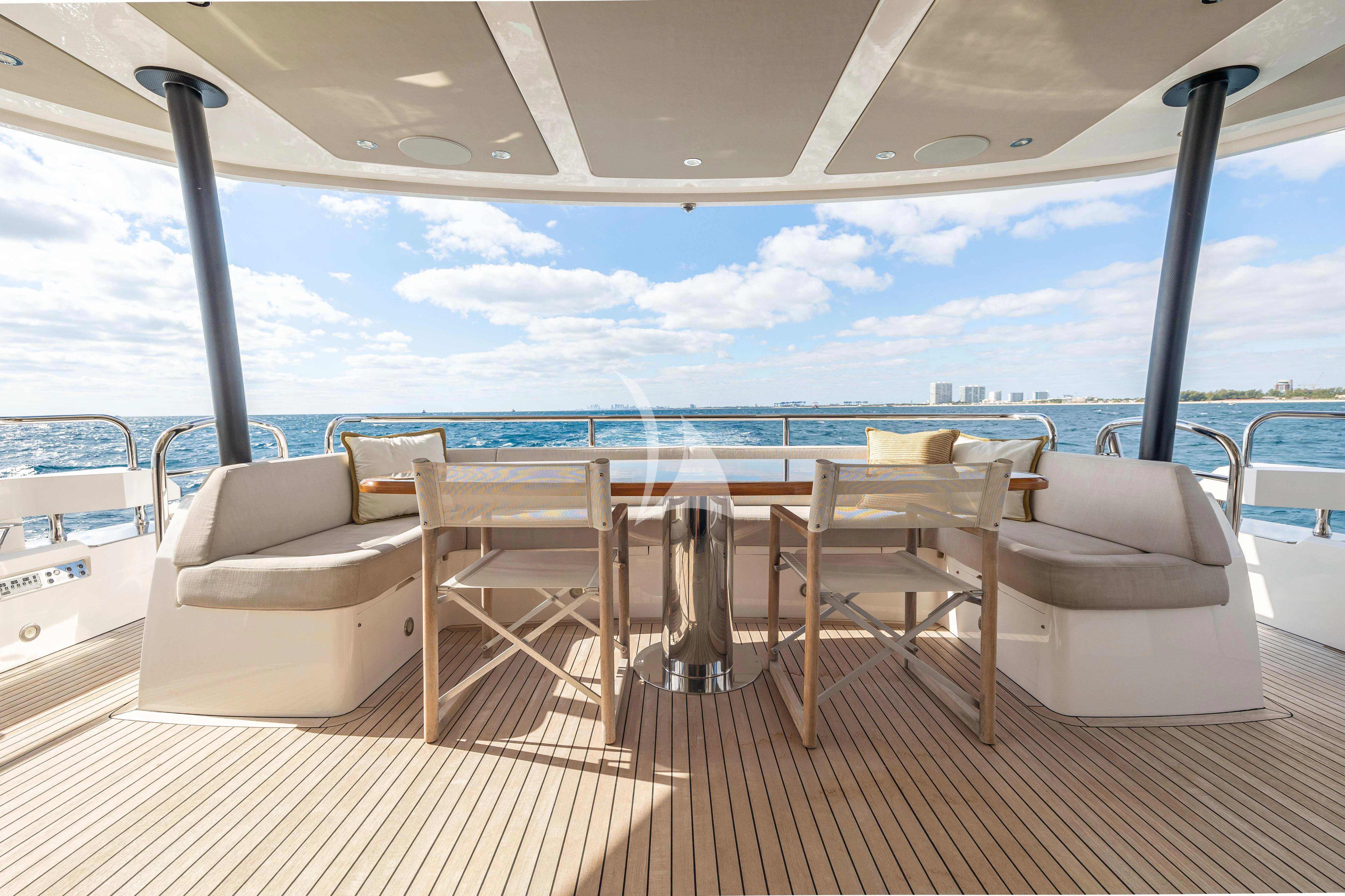 a deck with chairs and a body of water in the background aboard GOLDEN OURS Yacht for Sale