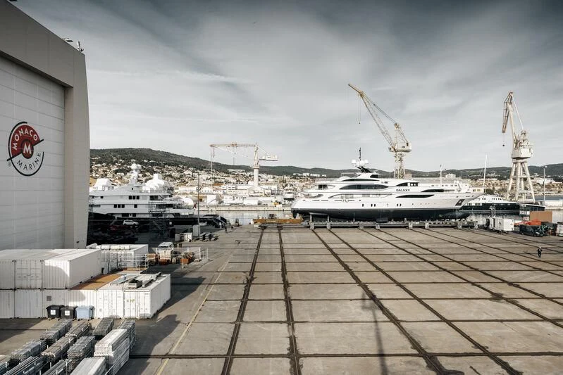 a large ship docked aboard GALAXY Yacht for Sale