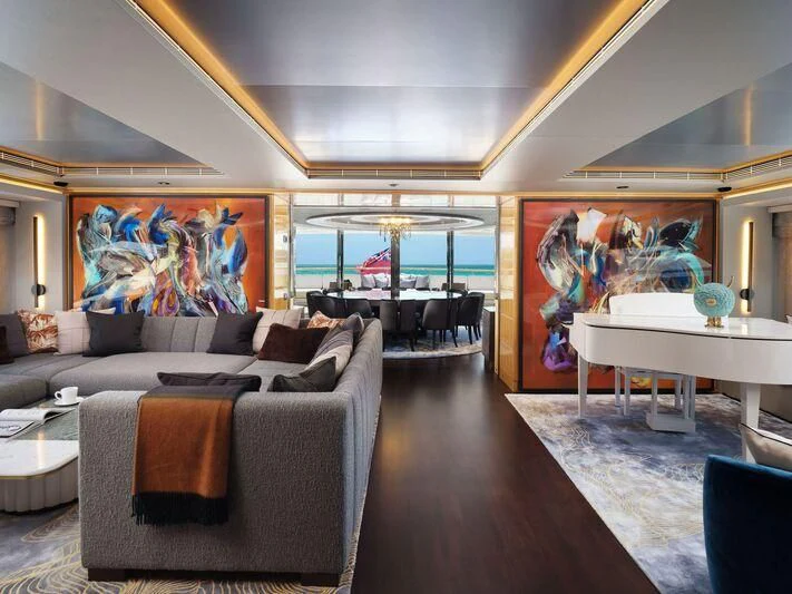 a living room with a large window aboard GALAXY Yacht for Sale