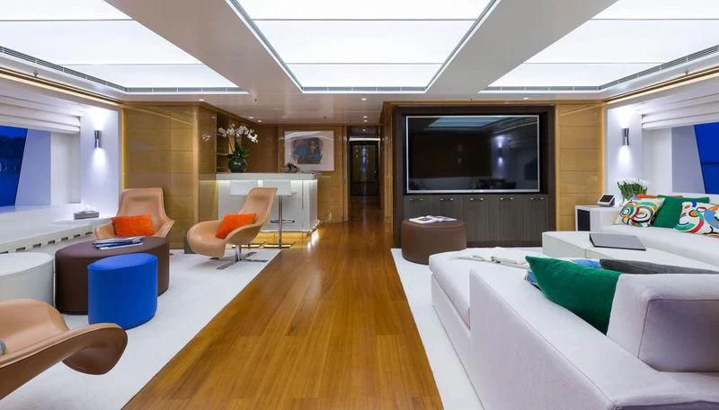a room with a large television and furniture aboard GALAXY Yacht for Sale