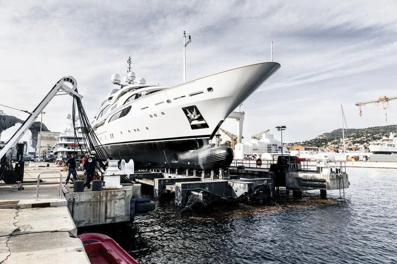 a boat docked at a pier aboard GALAXY Yacht for Sale