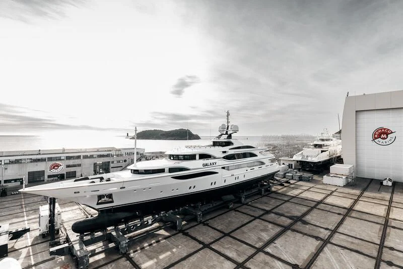 a boat parked at a dock aboard GALAXY Yacht for Sale