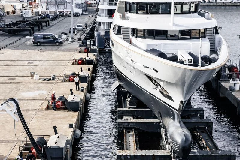 a boat docked at a port aboard GALAXY Yacht for Sale