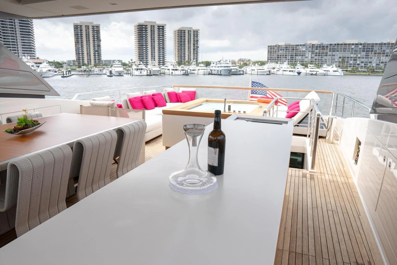 a table with wine bottles on it aboard GOLDEN YACHT Yacht for Sale