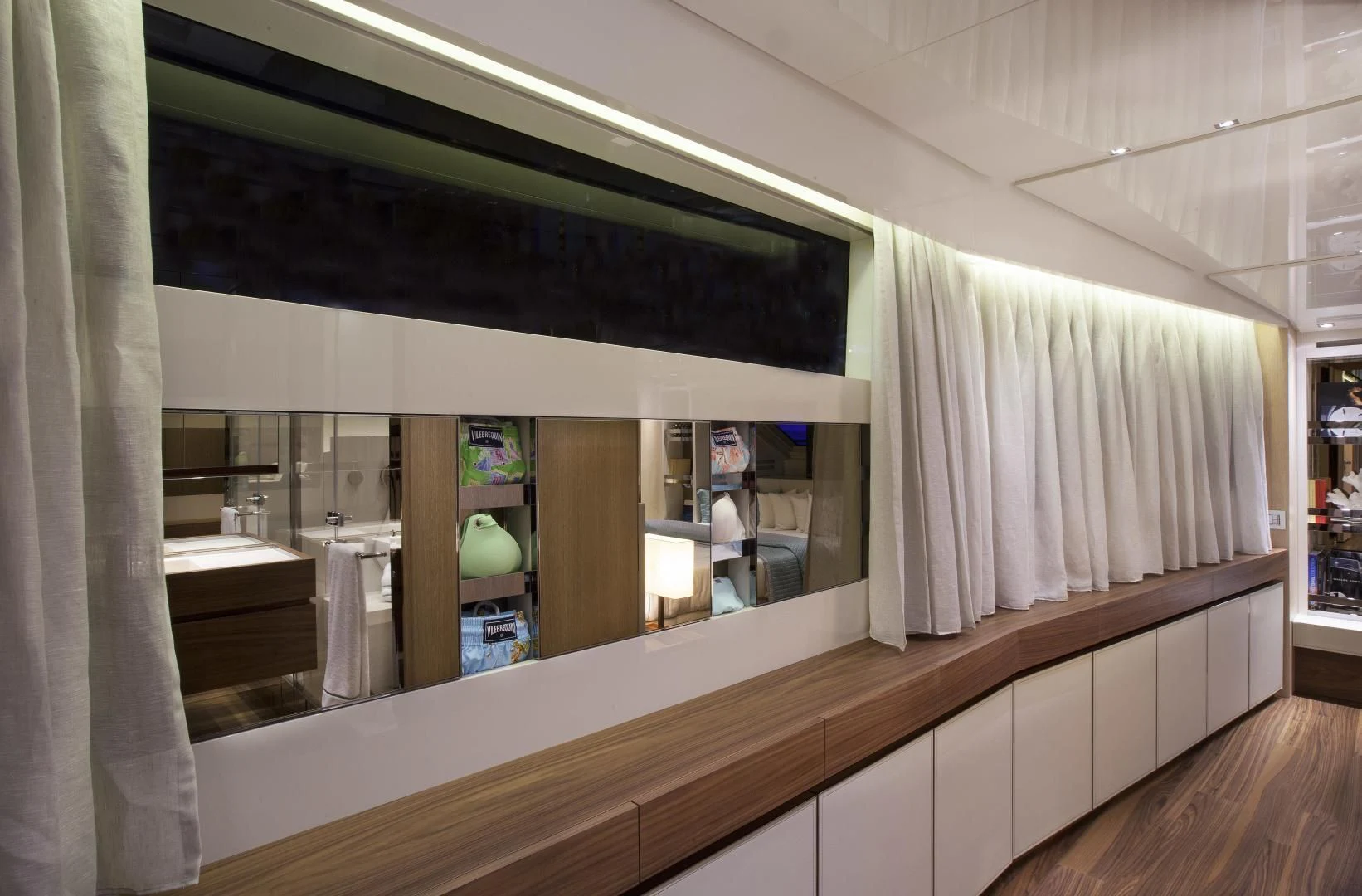 a bathroom with a large mirror aboard GOLDEN YACHT Yacht for Sale