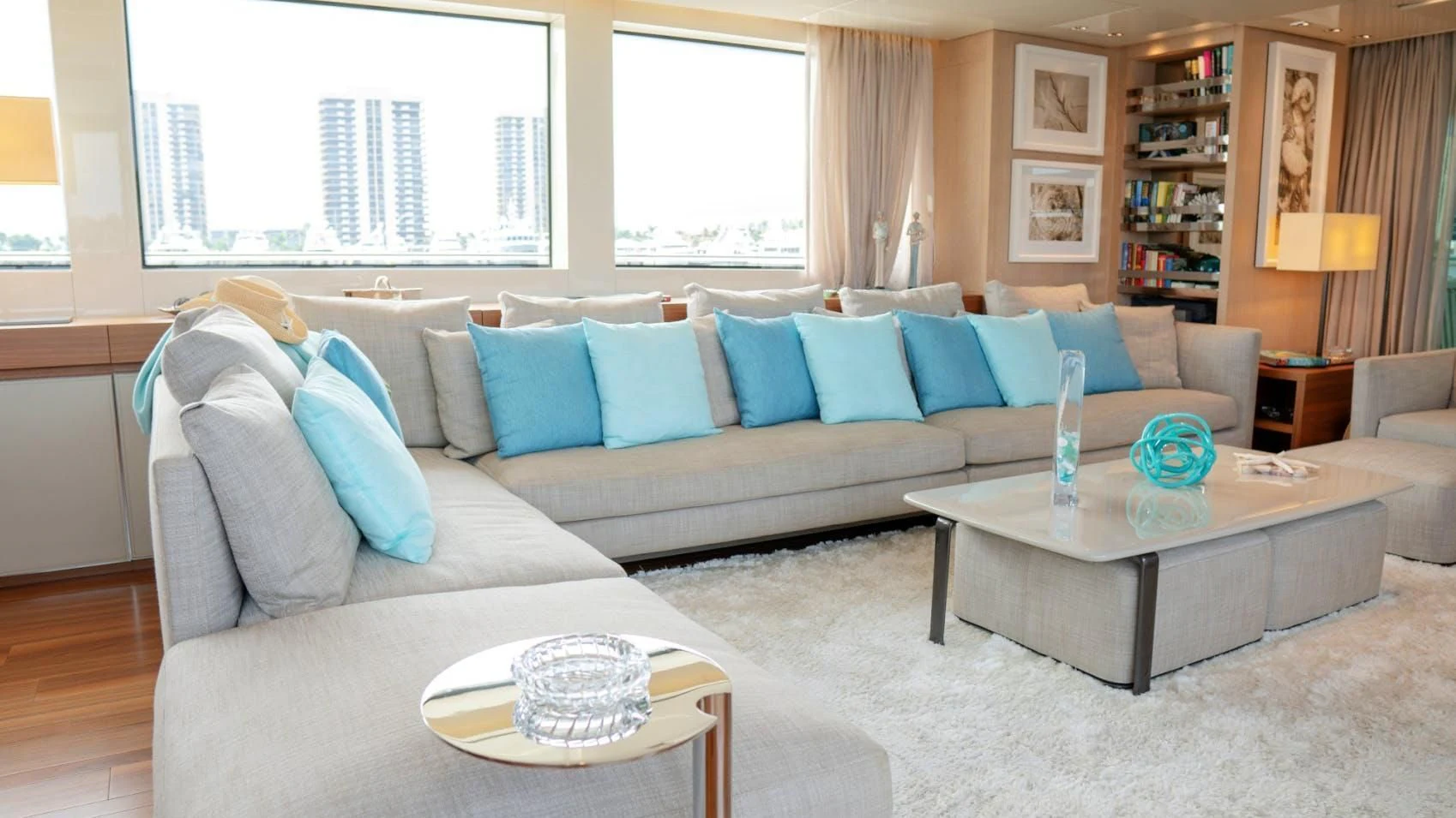 a living room with a couch and a coffee table aboard GOLDEN YACHT Yacht for Sale