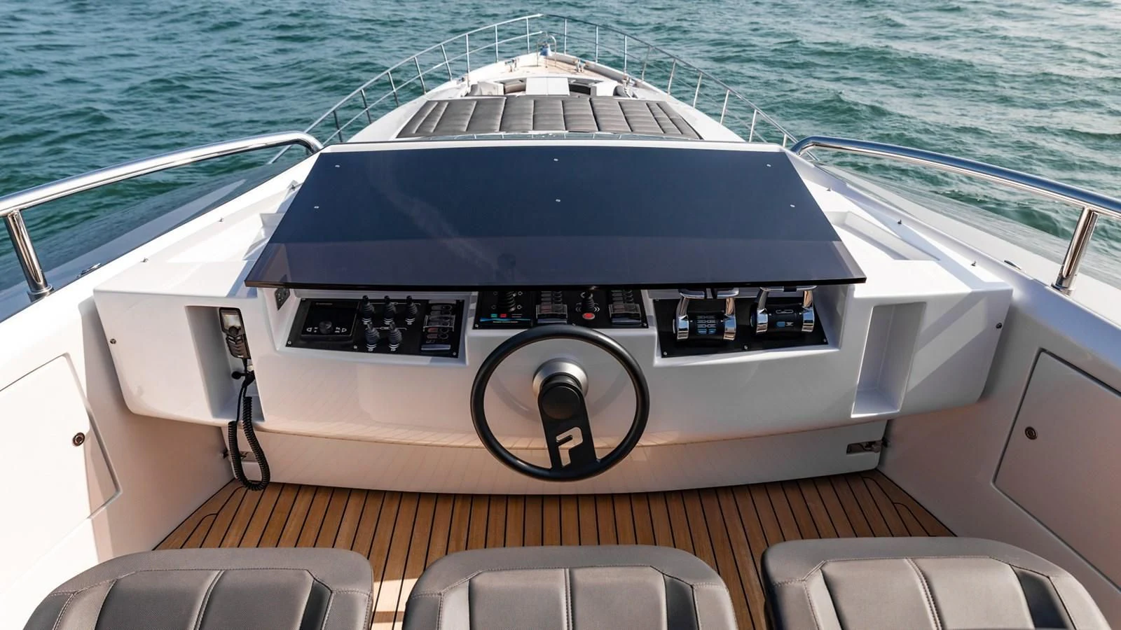the front of a boat aboard NAAV Yacht for Sale