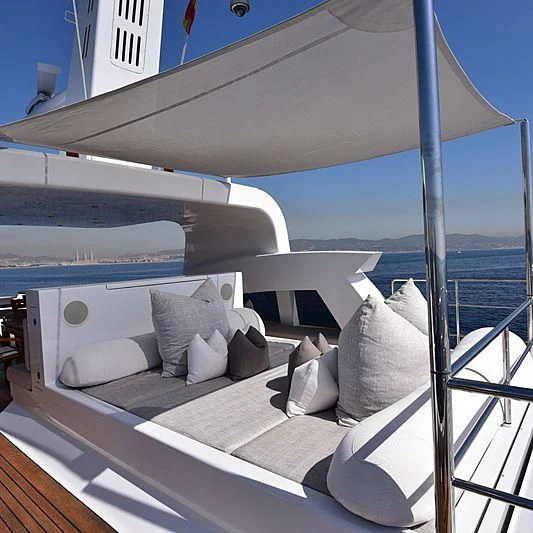 a bed with pillows on it aboard LIFE SAGA Yacht for Sale