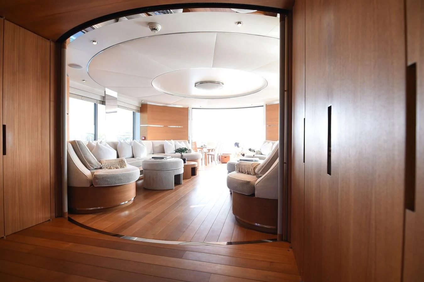 a living room with a large ceiling aboard LIFE SAGA Yacht for Sale