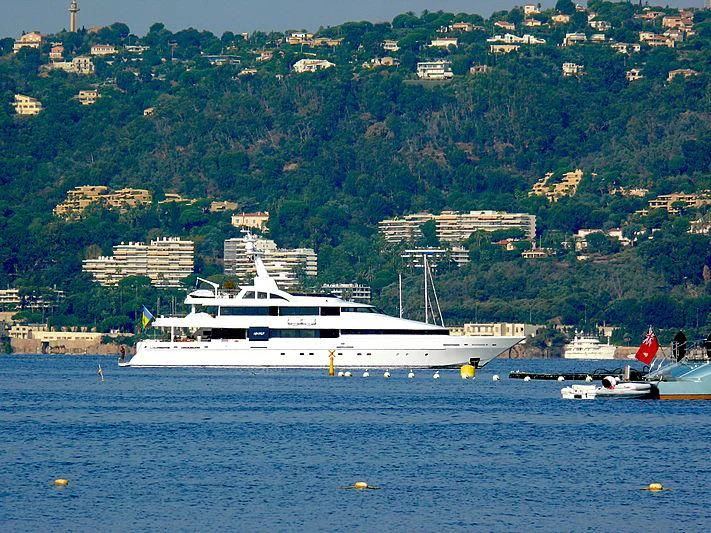 a large white boat in the water aboard LIFE SAGA Yacht for Sale