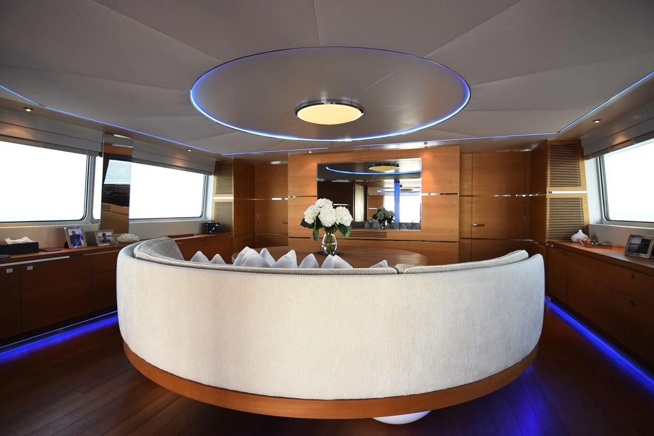 a large white couch in a room aboard LIFE SAGA Yacht for Sale