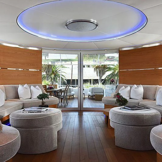 a living room with a large glass ceiling aboard LIFE SAGA Yacht for Sale