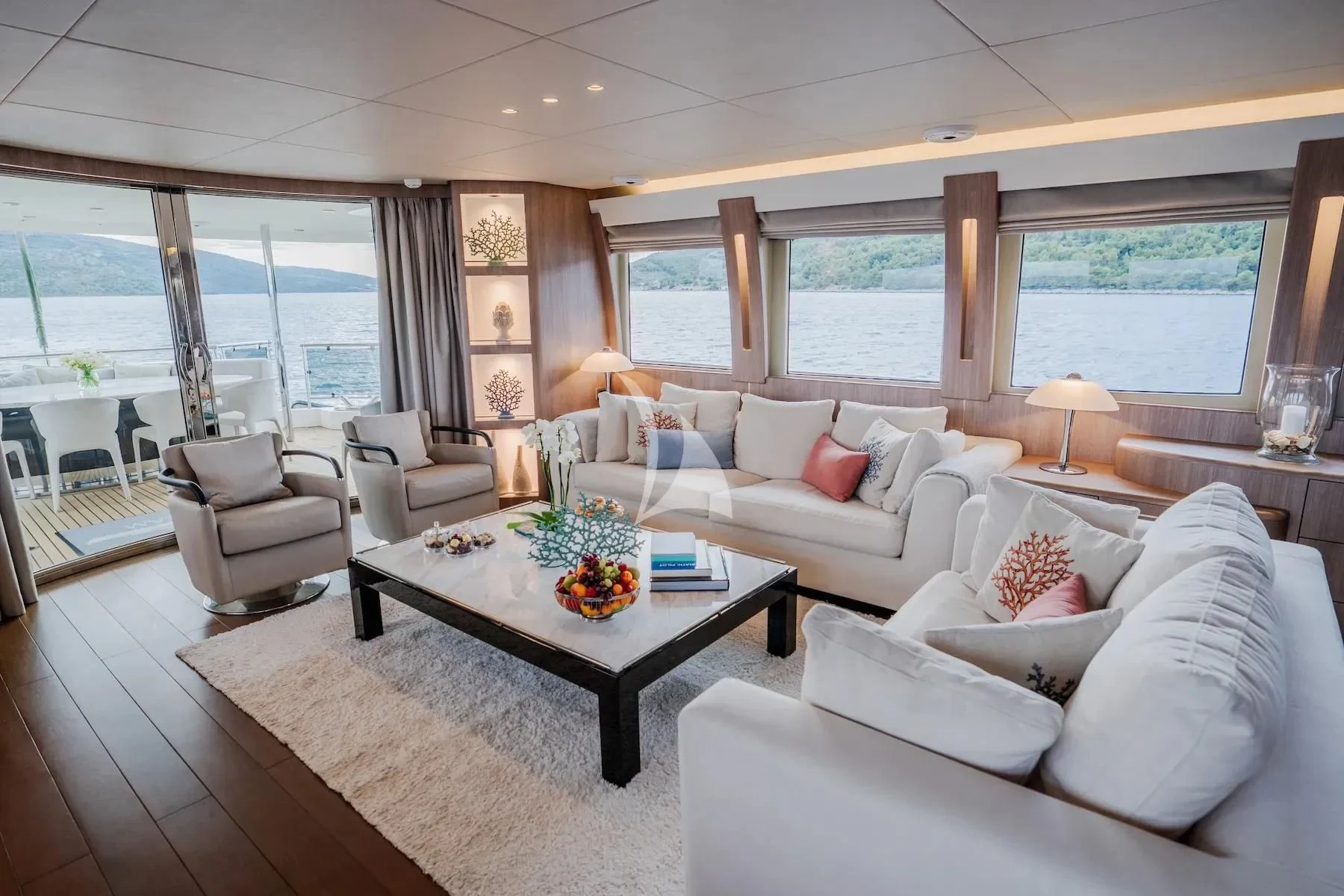a living room with a large window aboard CARPE DIEM Yacht for Sale