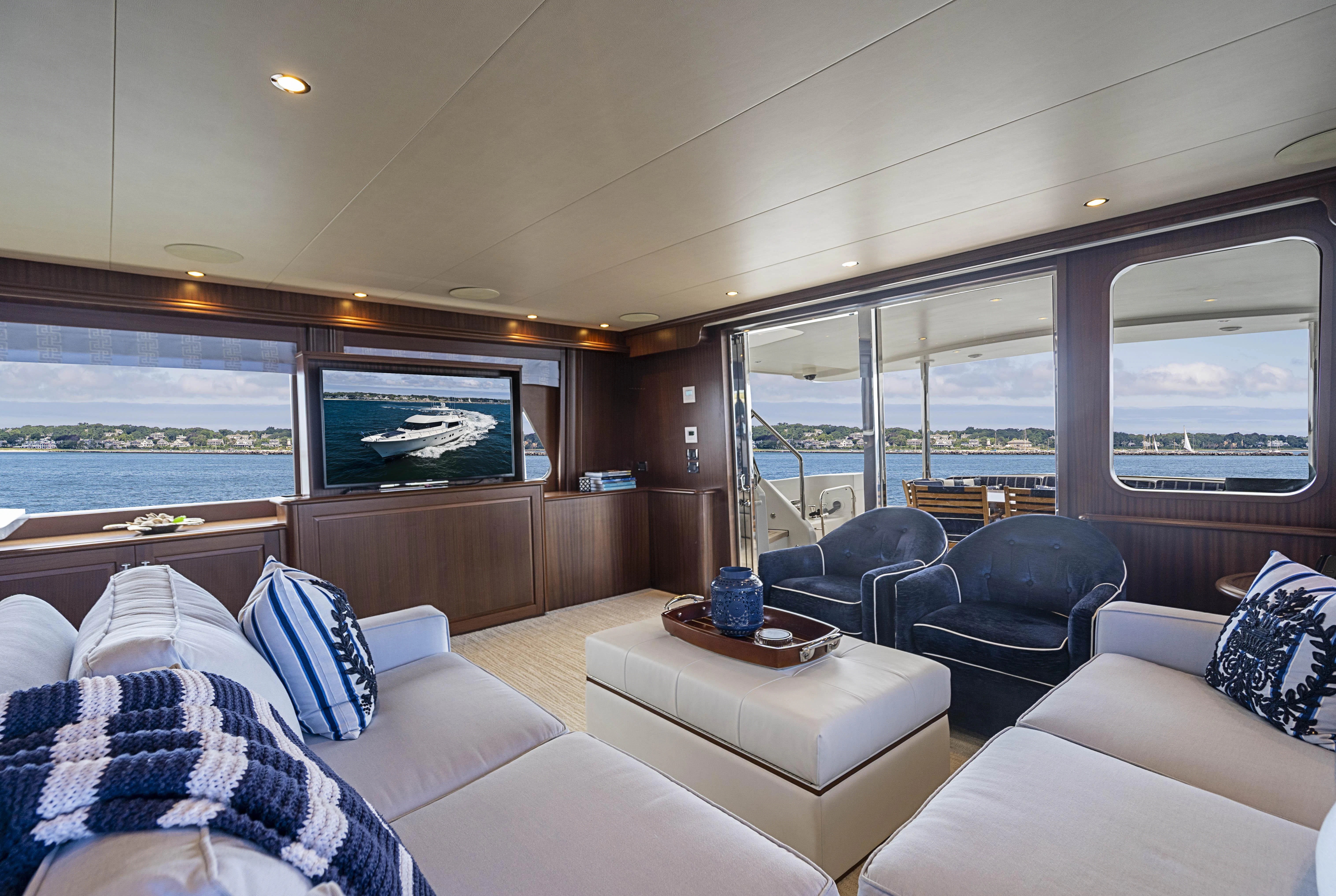a room with a view of the water and the land below aboard CARPE DIEM Yacht for Sale
