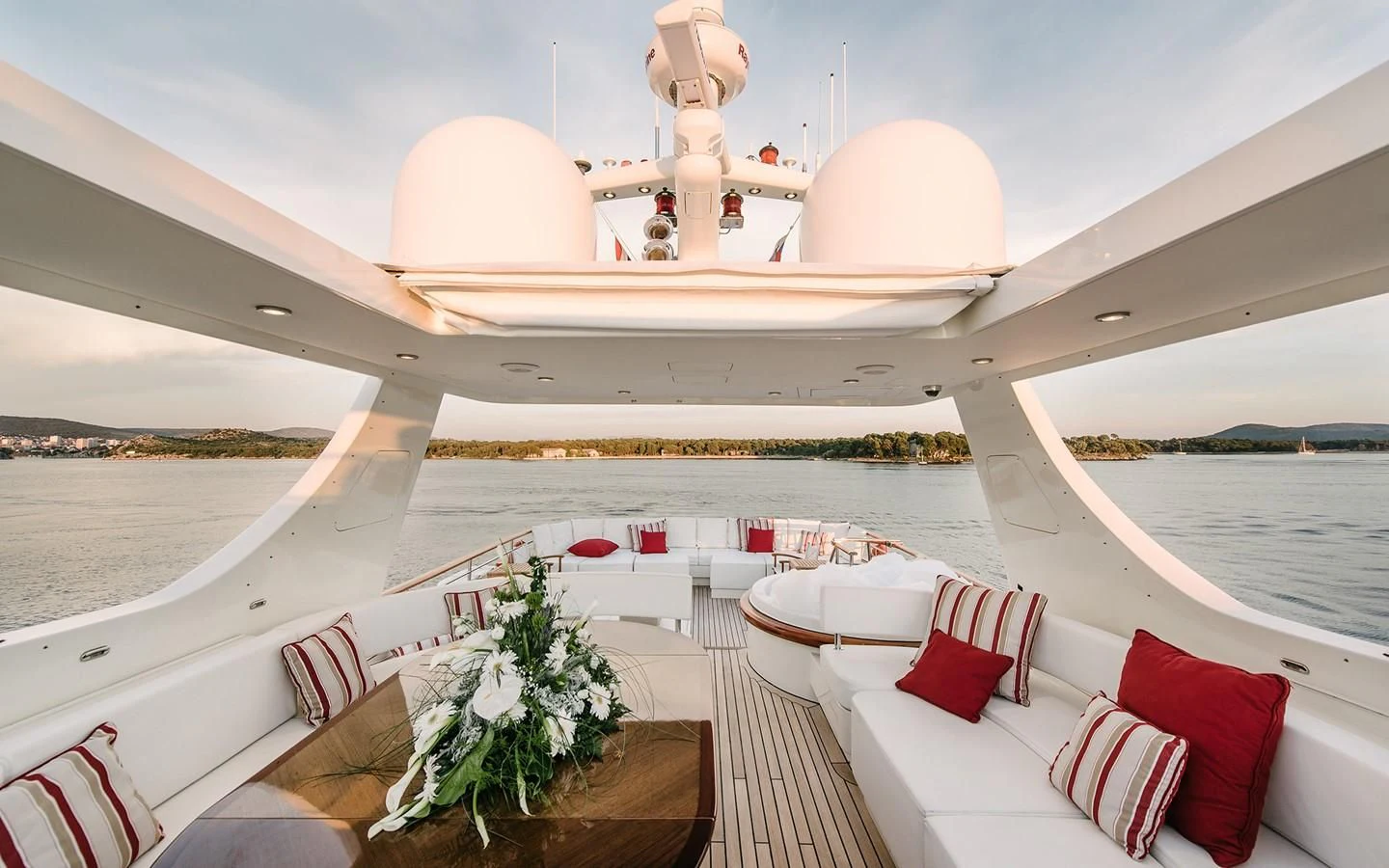 a large white ship with a group of chairs on it aboard CARPE DIEM Yacht for Sale