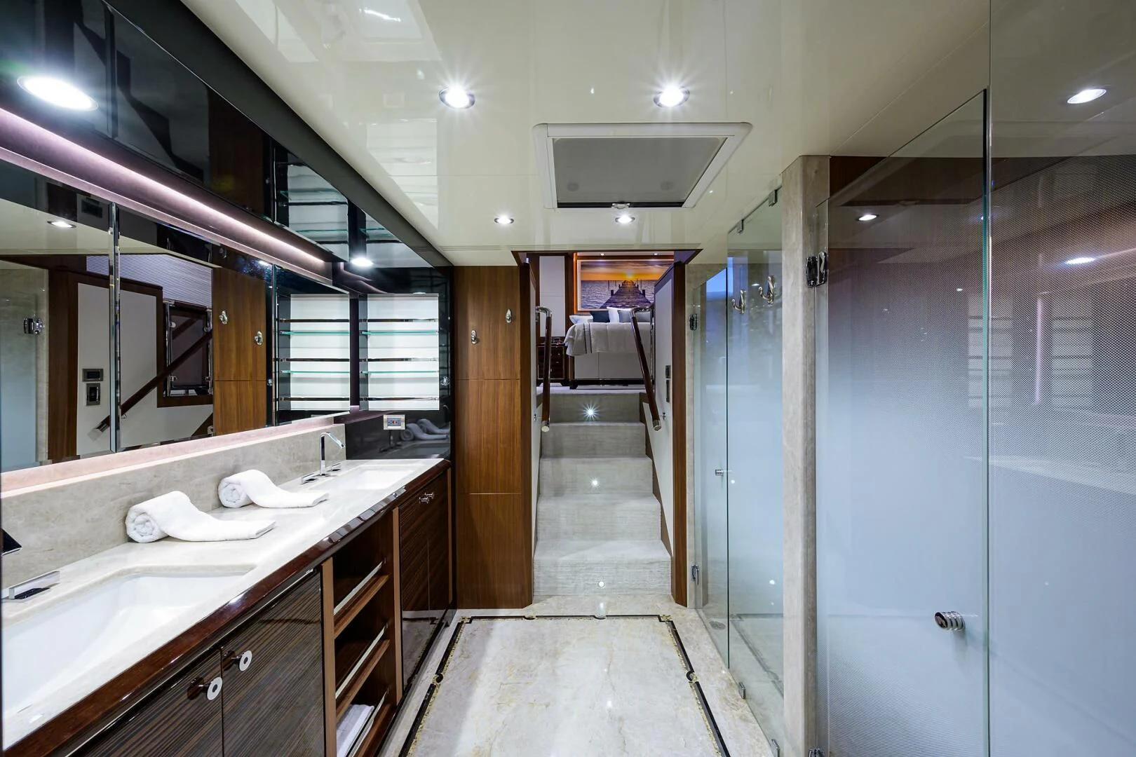 a bathroom with a countertop sink and a mirror aboard ZEPHYR Yacht for Charter