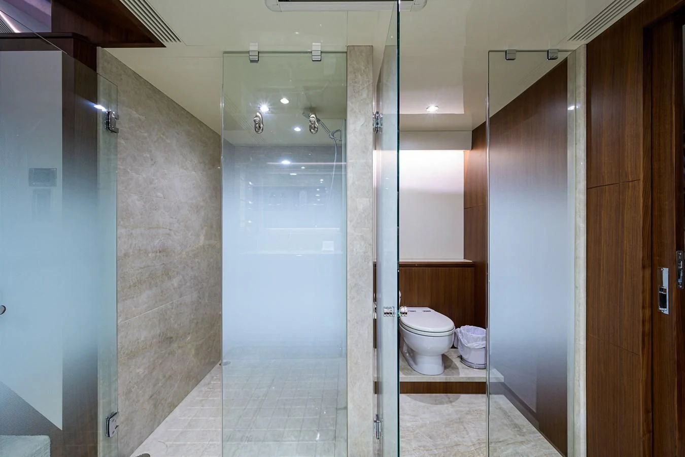 a bathroom with a shower and toilet aboard ZEPHYR Yacht for Charter