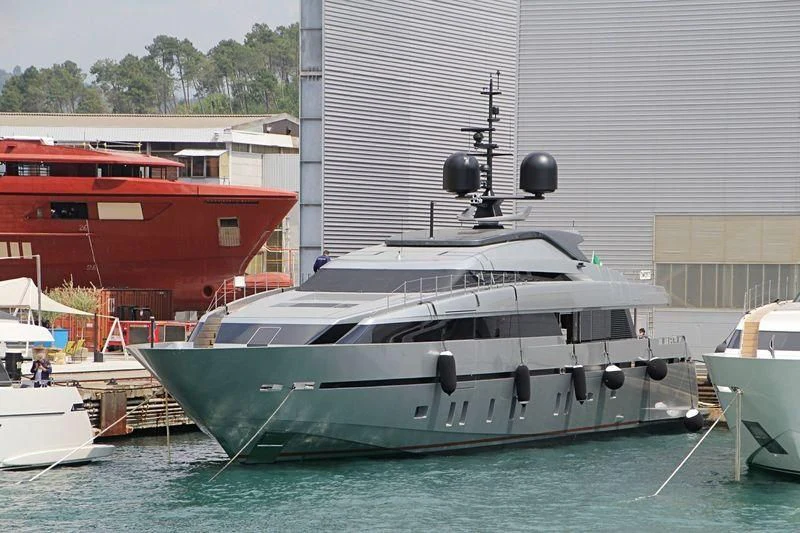 a boat docked in a harbor aboard LADY A Yacht for Sale