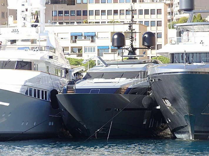 a boat docked at a pier aboard LADY A Yacht for Sale