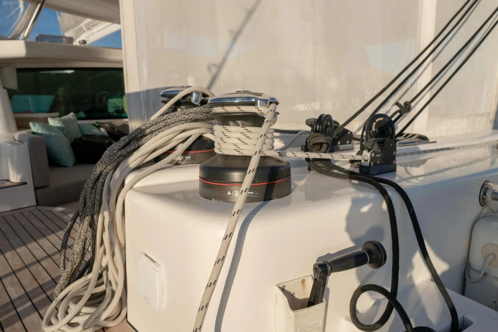 a white boat with a metal frame aboard LAYSAN Yacht for Sale