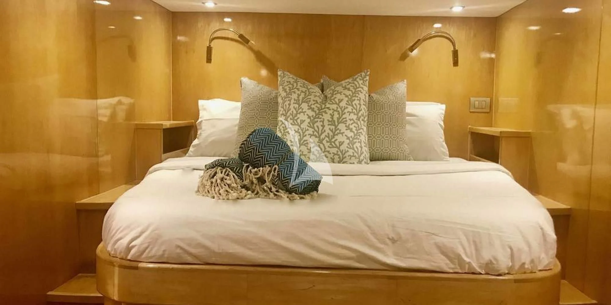 a bed with pillows aboard LAYSAN Yacht for Sale