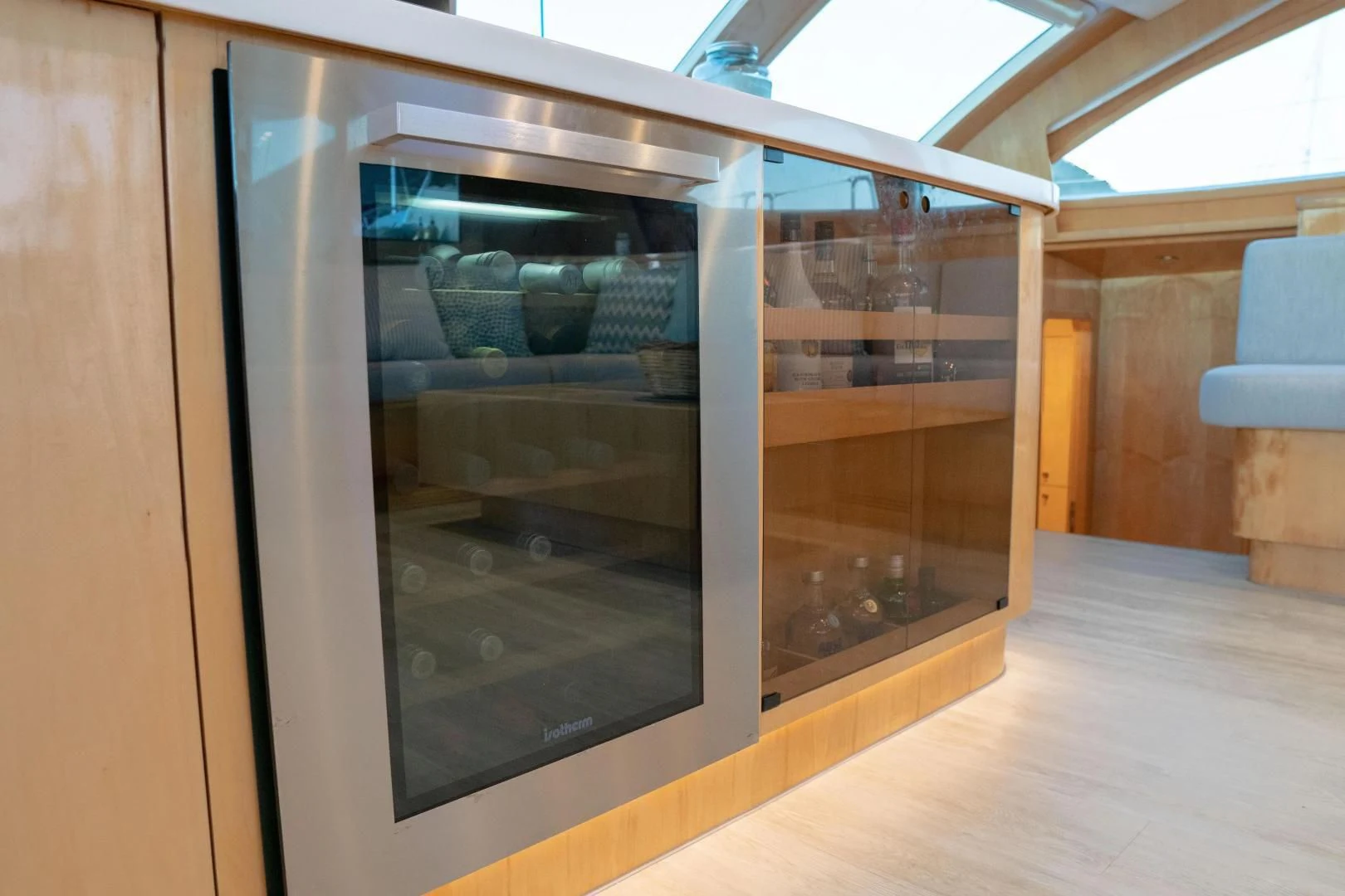 a room with glass doors aboard LAYSAN Yacht for Sale