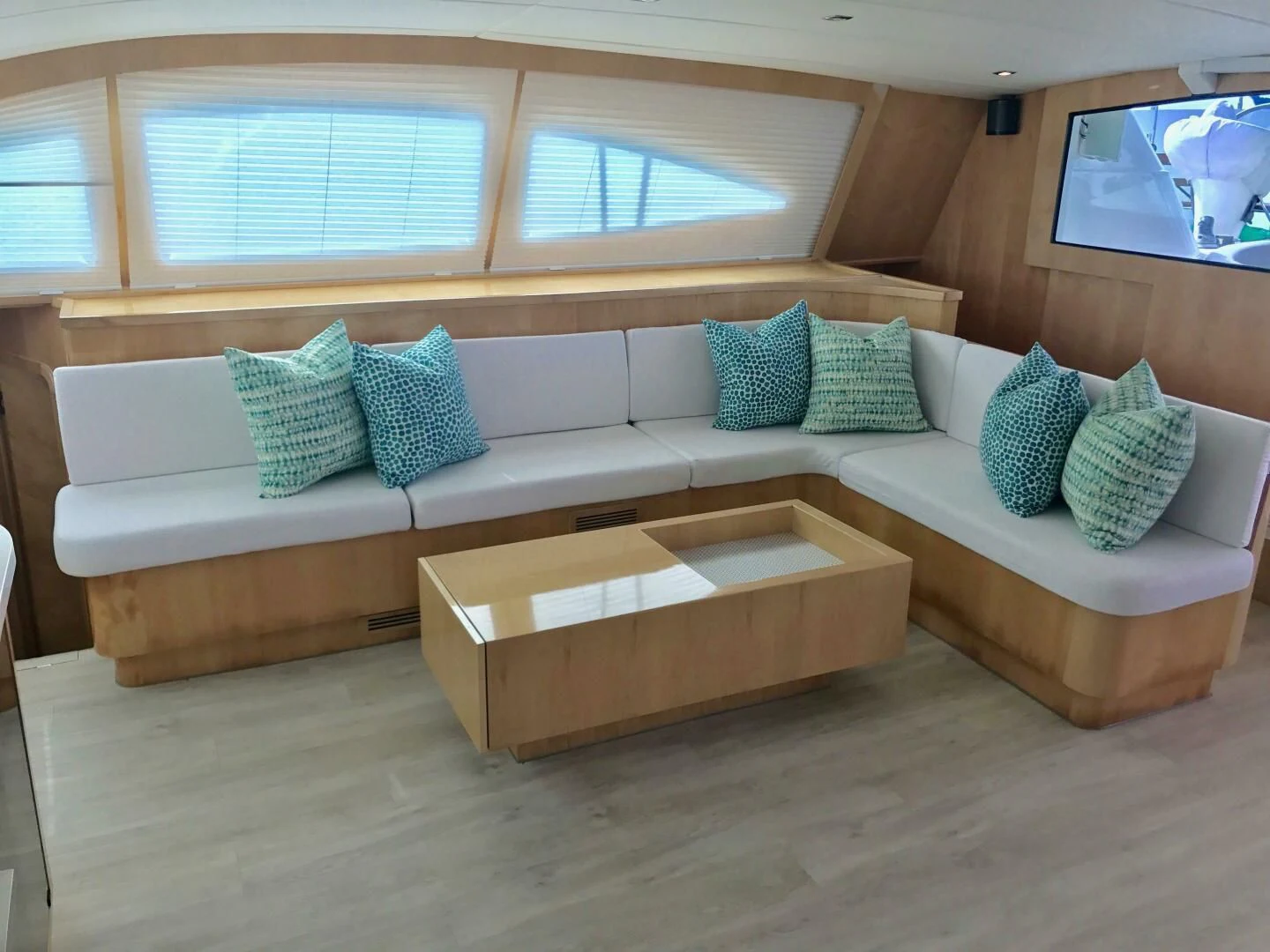 a couch with pillows and pillows aboard LAYSAN Yacht for Sale