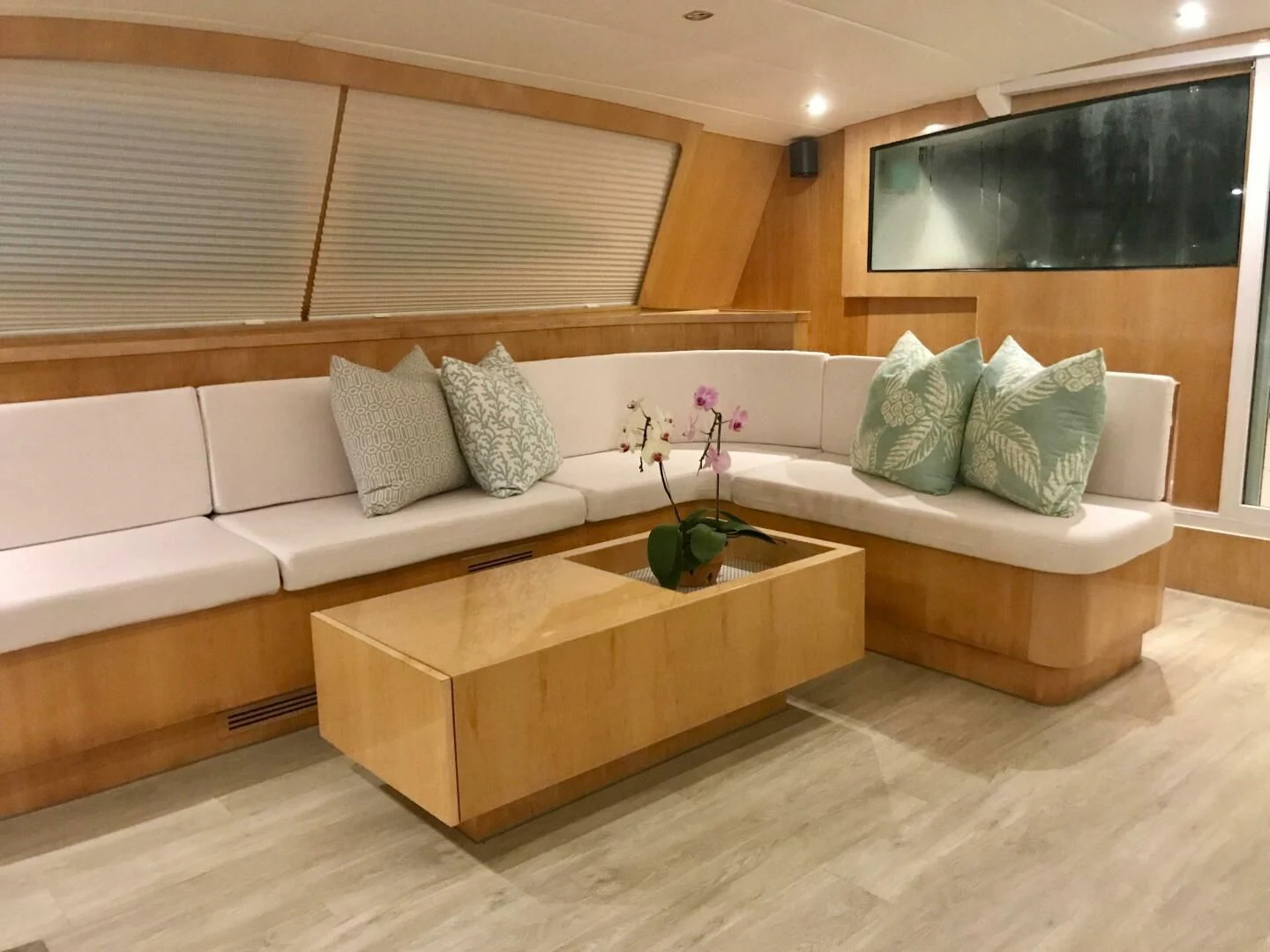 a couch with pillows and pillows aboard LAYSAN Yacht for Sale