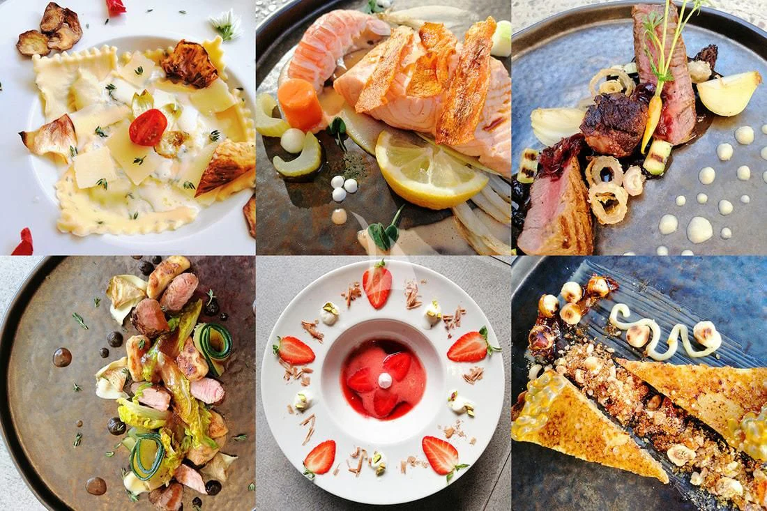 a collage of food aboard LAYSAN Yacht for Sale
