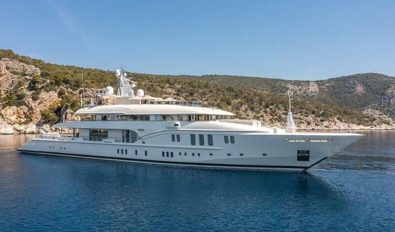 a large white boat on water aboard LADY VERA Yacht for Sale