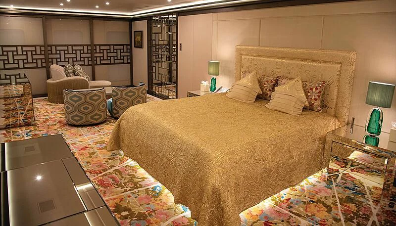 a large bed in a room aboard LADY VERA Yacht for Sale