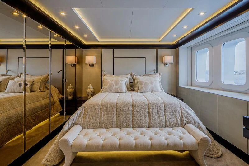 a large bed in a room aboard LADY VERA Yacht for Sale
