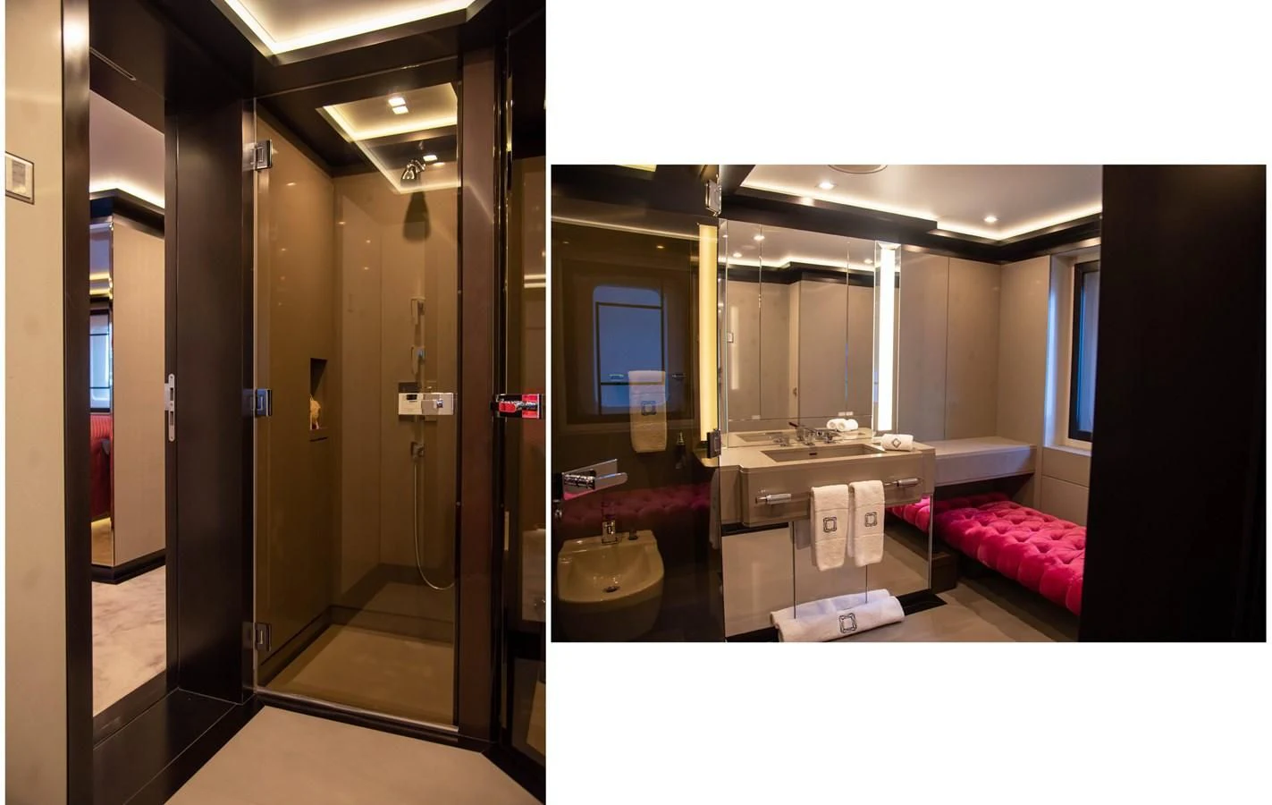 a room with a mirror and a bed aboard LADY VERA Yacht for Sale