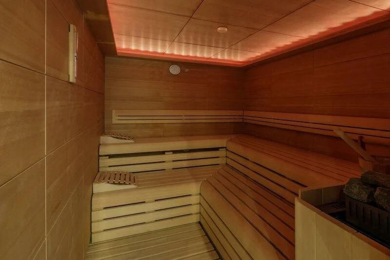 a wooden room with wooden walls aboard LADY VERA Yacht for Sale