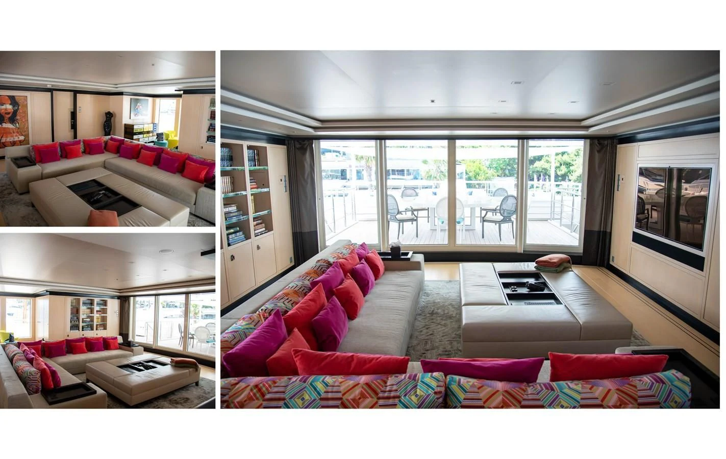 a living room with a couch and a table aboard LADY VERA Yacht for Sale