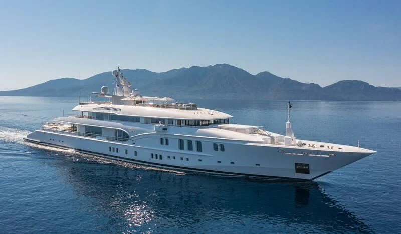 a large white yacht on the water aboard LADY VERA Yacht for Sale