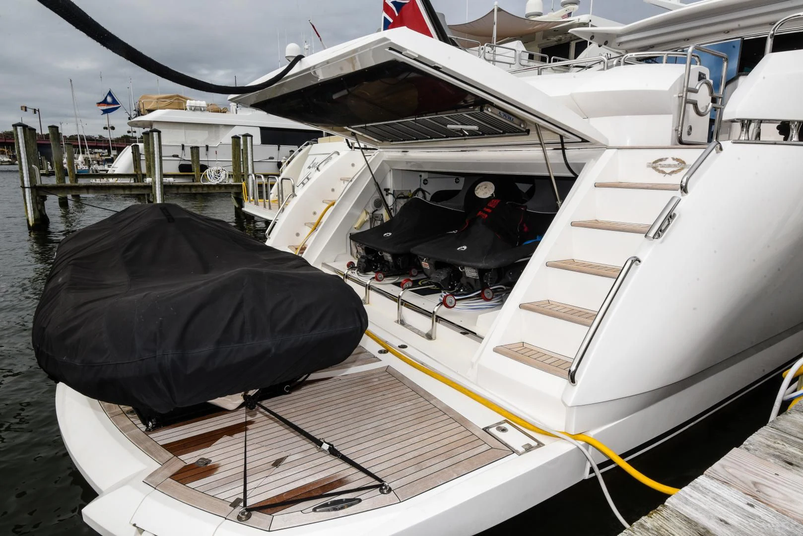 a boat docked at a pier aboard DIABLO BLANCO Yacht for Sale