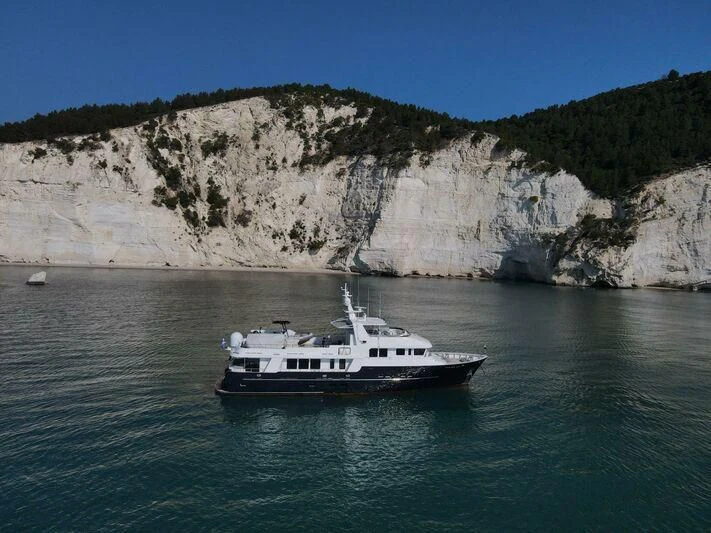 a boat in the water aboard SAMSARA Yacht for Sale