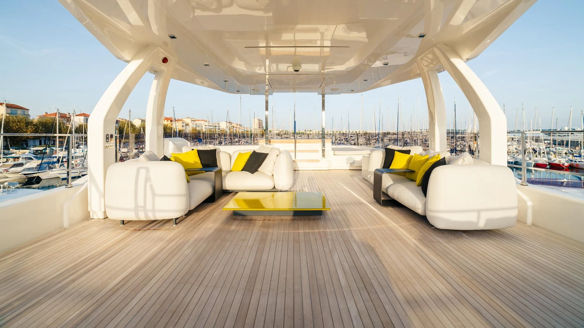 a large white tent with couches aboard NEWAL Yacht for Sale