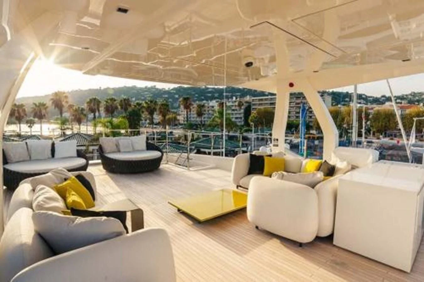 a large living room with a large glass window aboard NEWAL Yacht for Sale