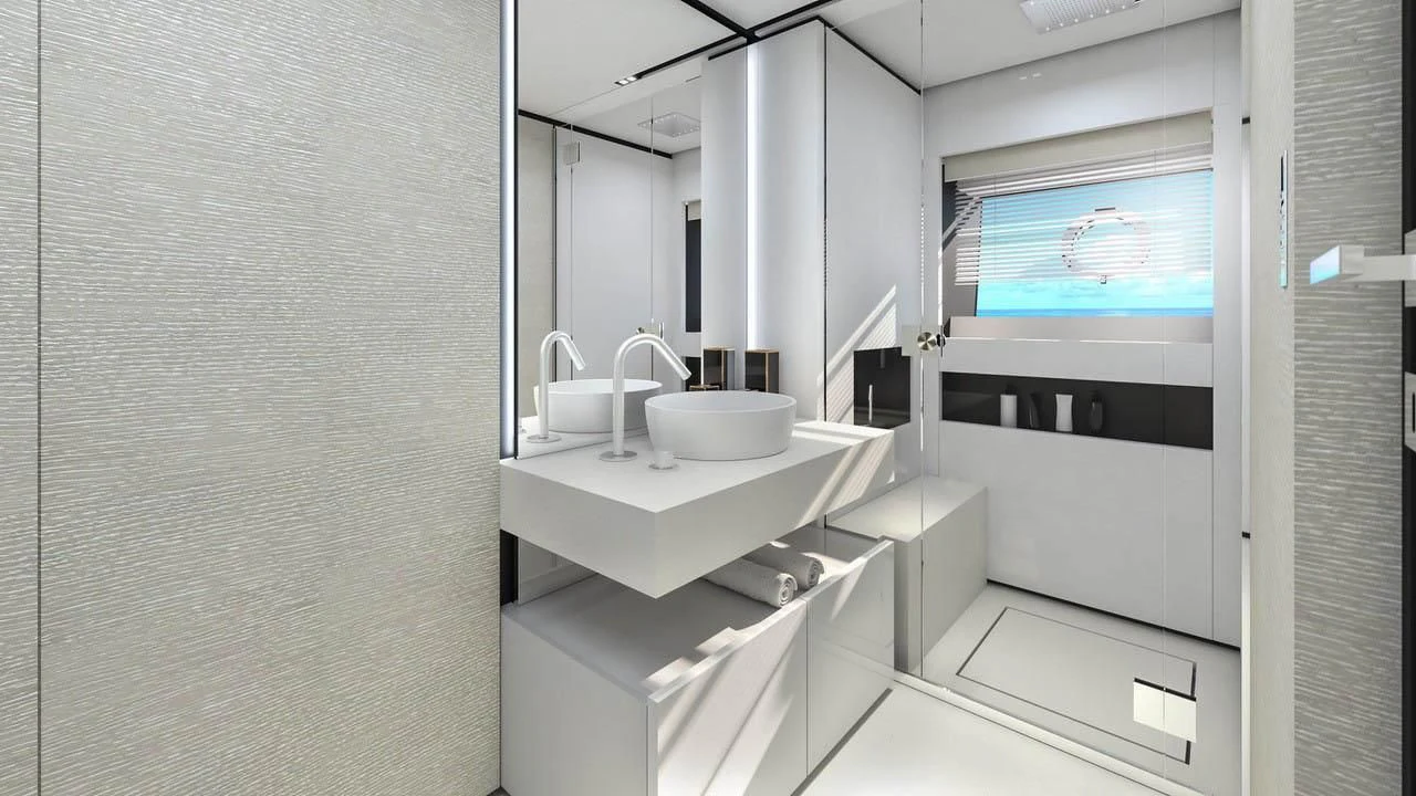 a bathroom with a sink and a tv aboard NEWAL Yacht for Sale