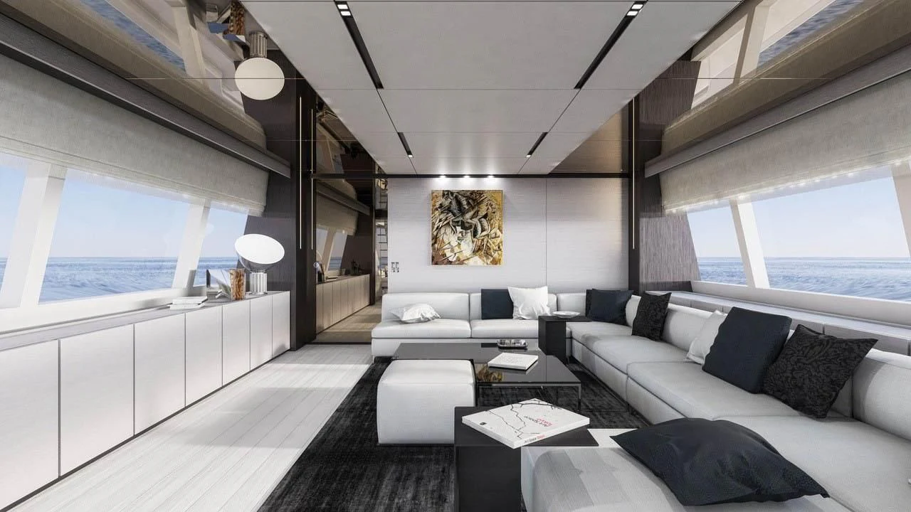 a large white room with a large bed and a large window aboard NEWAL Yacht for Sale