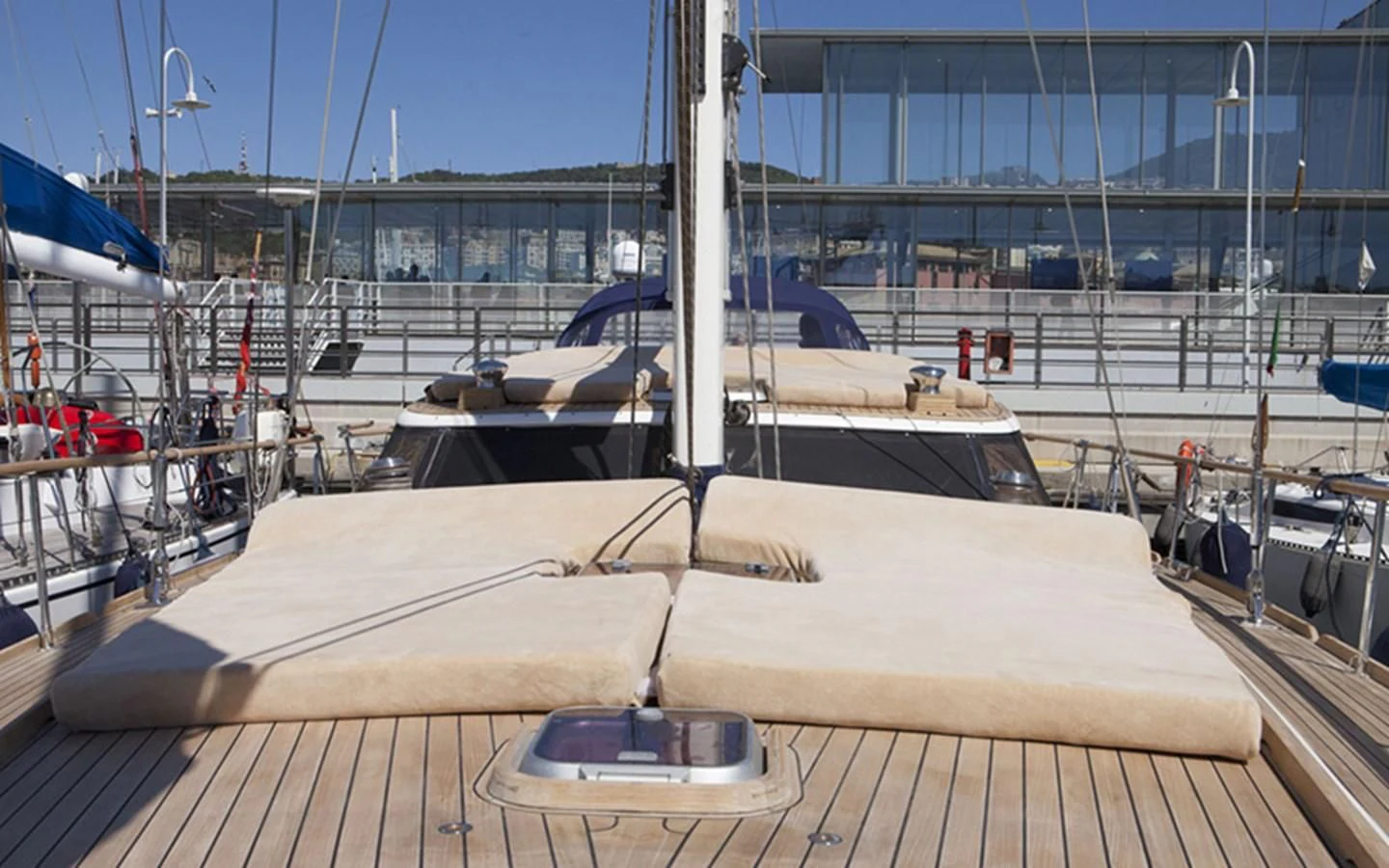 a deck with several boats aboard ARCADIA 3 Yacht for Sale