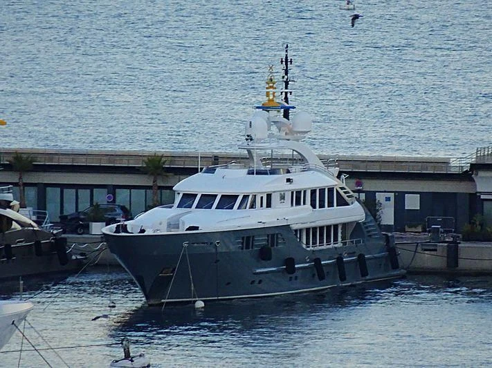 a boat docked at a pier aboard LADY MM Yacht for Sale