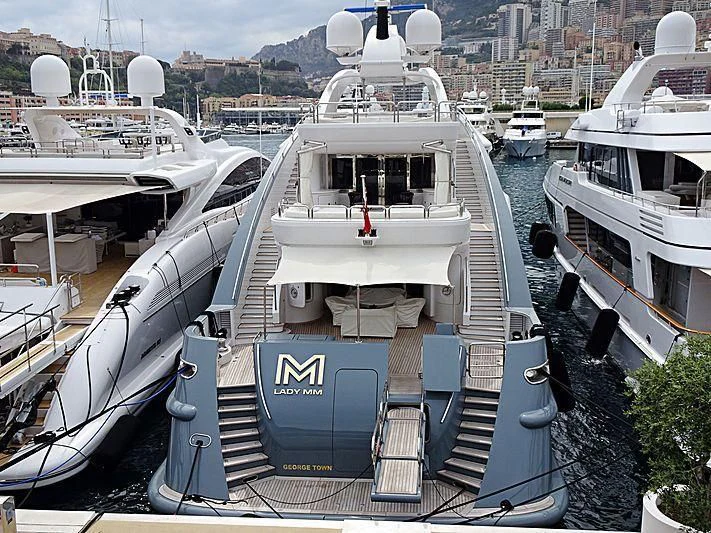 a group of boats are parked in a harbor aboard LADY MM Yacht for Sale