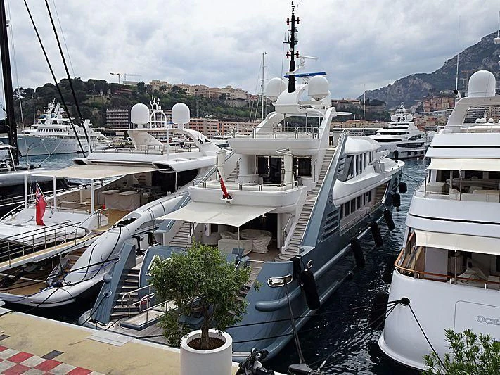 a group of boats are parked in a harbor aboard LADY MM Yacht for Sale