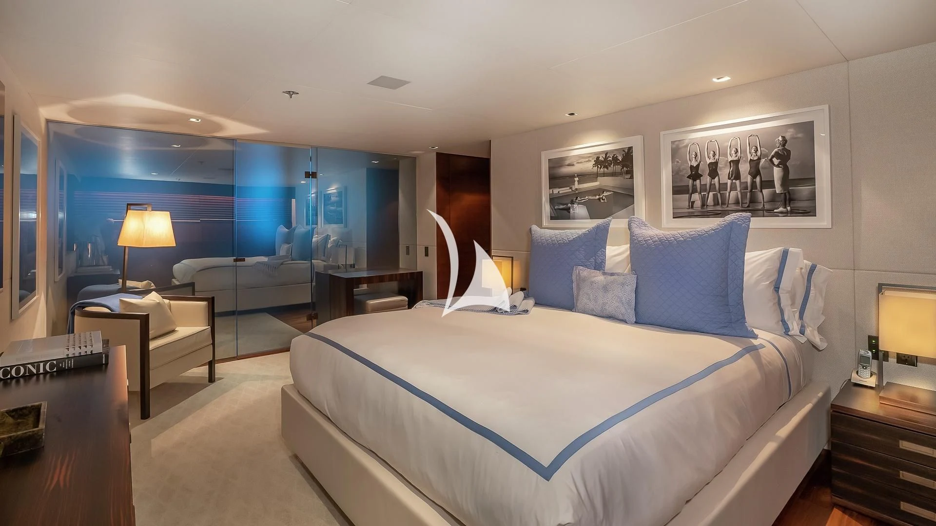 a large bed in a hotel room aboard ODESSA Yacht for Sale