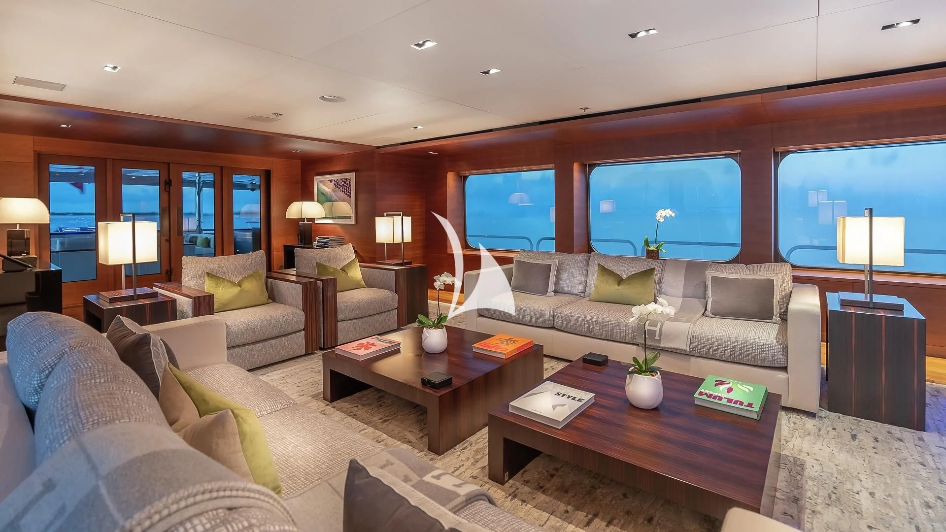 a living room with a large window aboard ODESSA Yacht for Sale